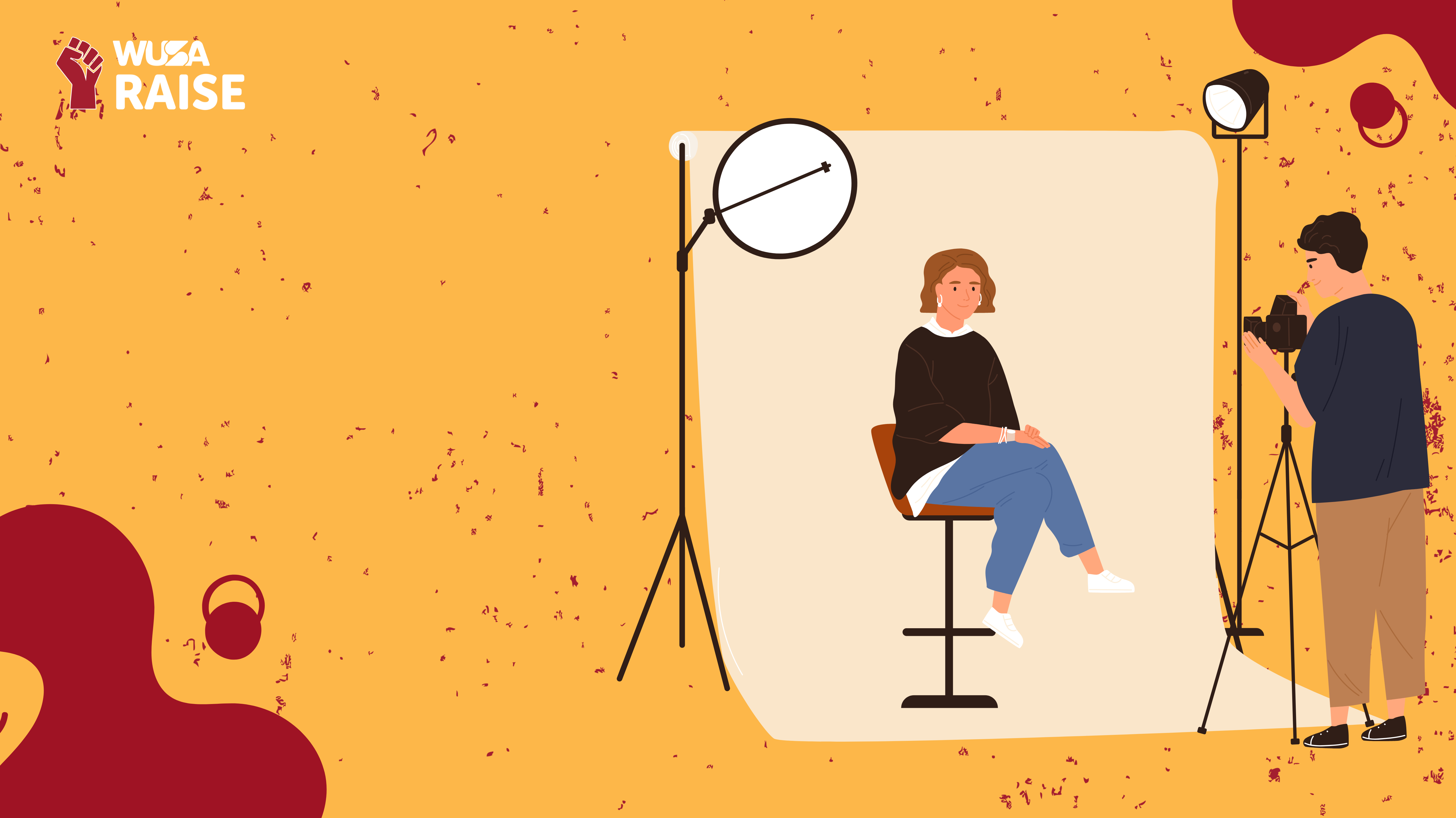 Illustration of a woman sitting for a headshot session with a photographer and lighting equipment on a yellow background, perfect for LinkedIn.