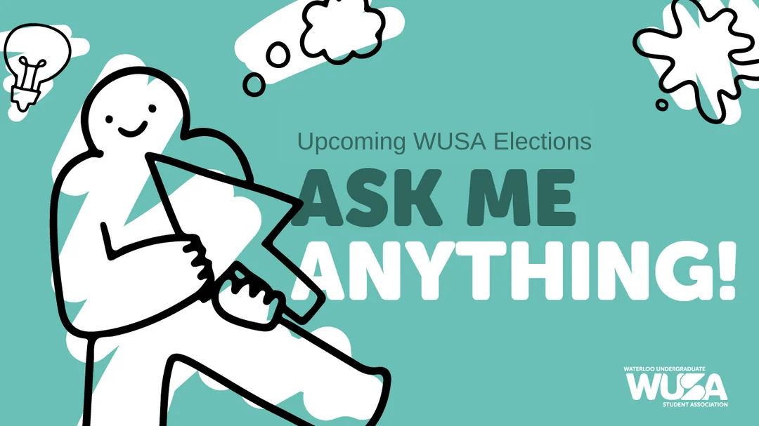 Illustration of a figure holding a megaphone with text "Ask Me Anything!" and "Upcoming WUSA Elections.