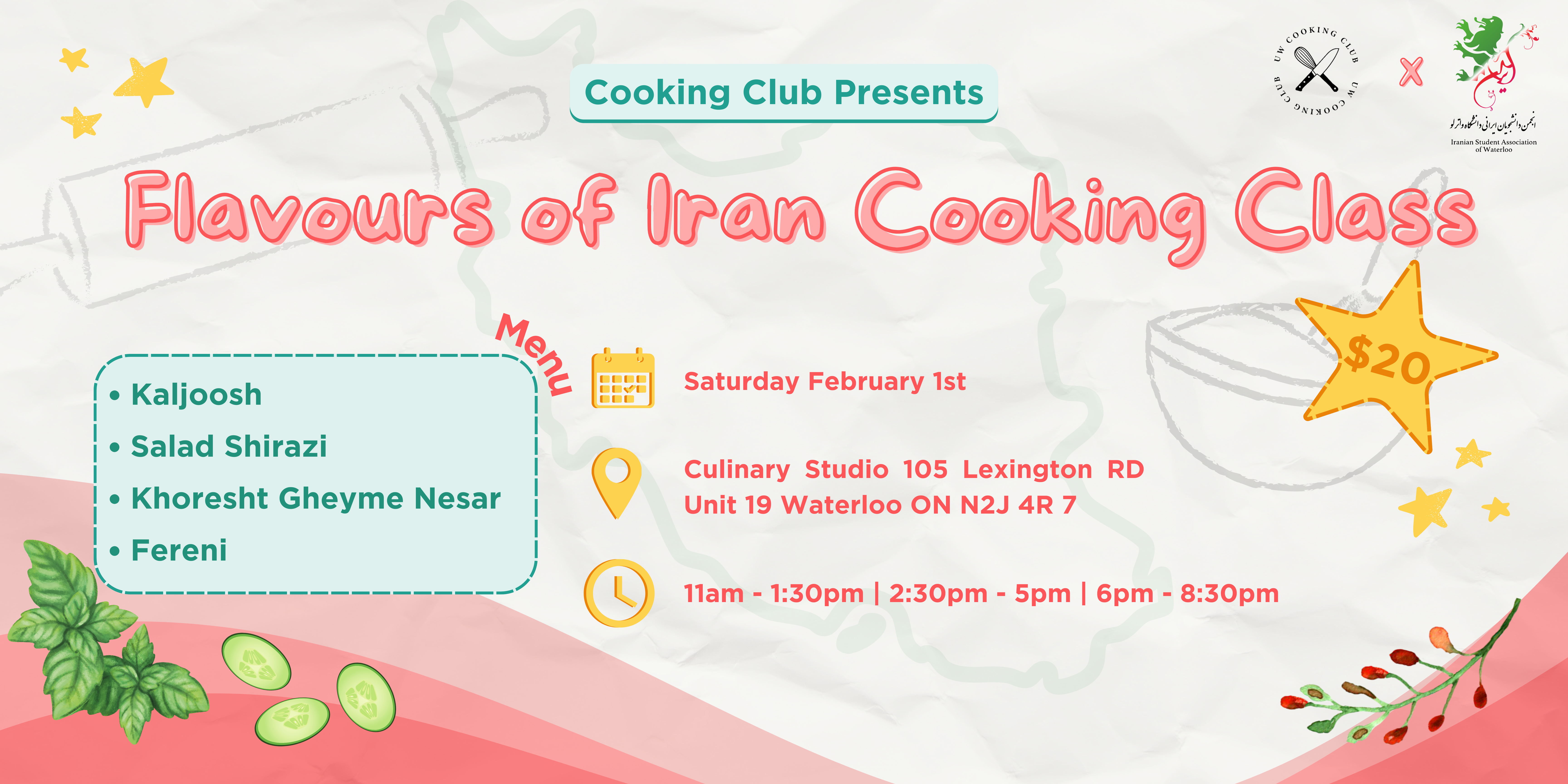 Join our "Flavours of Iran Cooking Class" and immerse yourself in the rich culinary traditions of Iran. Discover authentic recipes, relish a unique menu, and learn step-by-step with expert guidance—all for just $20. Unleash your inner chef and enjoy a delicious cultural experience!.