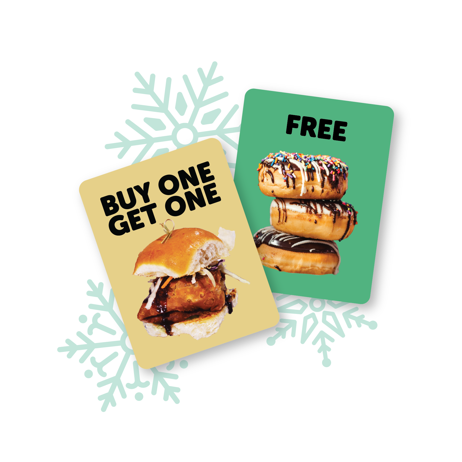 Promotional cards with offers: "Buy One Get One" for burgers and "Free" for donuts, with snowflake graphics.