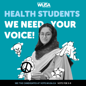 A person in a headscarf with illustrated characters and text: "Health Students, We Need Your Voice! Resources and insights are vital as we approach the election.