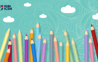 Colorful pencils pointing upward with clouds and a patterned Mandela-inspired background. Logo in the top left corner.