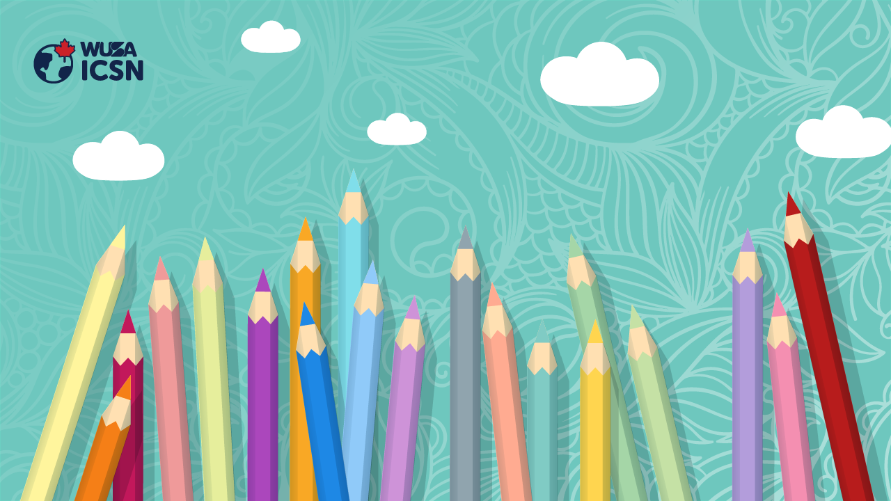 Colorful pencils pointing upward with clouds and a patterned Mandela-inspired background. Logo in the top left corner.