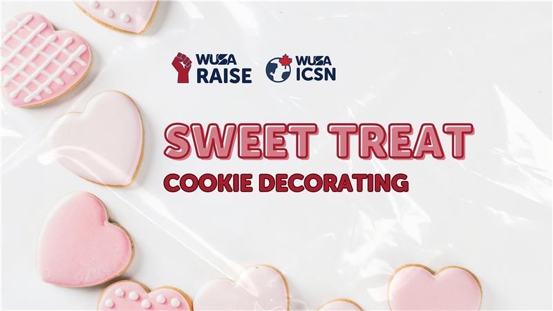 Heart-shaped cookies in a delightful pink hue feature the charming "Sweet Treat Cookie Decorating" text and logos above, perfect for cookie decorating enthusiasts.