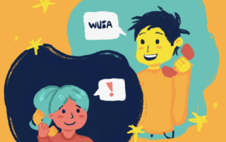 Two illustrated people are talking on phones, one says "WUBA" with an air of urgency, while the other has an exclamation mark in a speech bubble, highlighting the importance of safety and well-being.