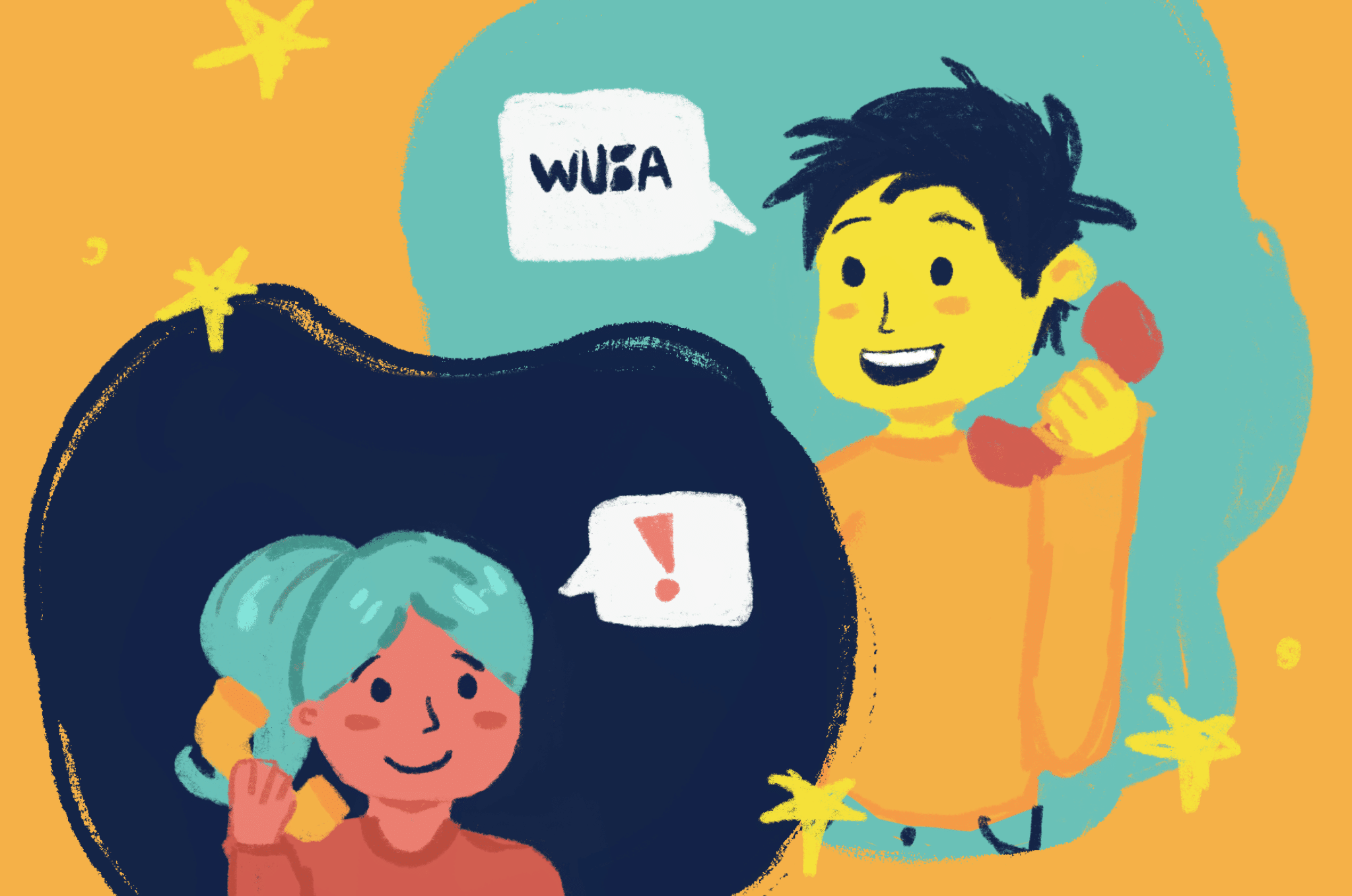 Two illustrated people are talking on phones, one says "WUBA" with an air of urgency, while the other has an exclamation mark in a speech bubble, highlighting the importance of safety and well-being.