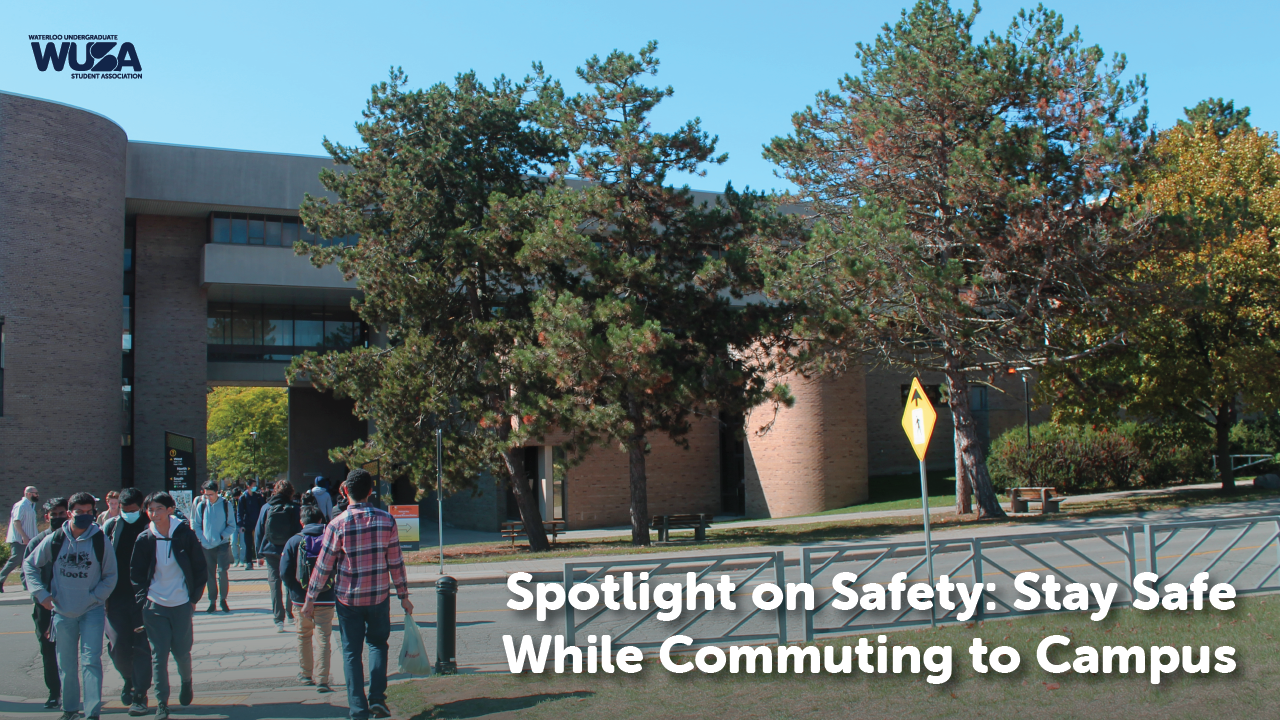 Students walking near a university building; the text emphasizes "Spotlight on Safety: Enhance Your Commute". Stay informed and prioritize safety while commuting to campus.