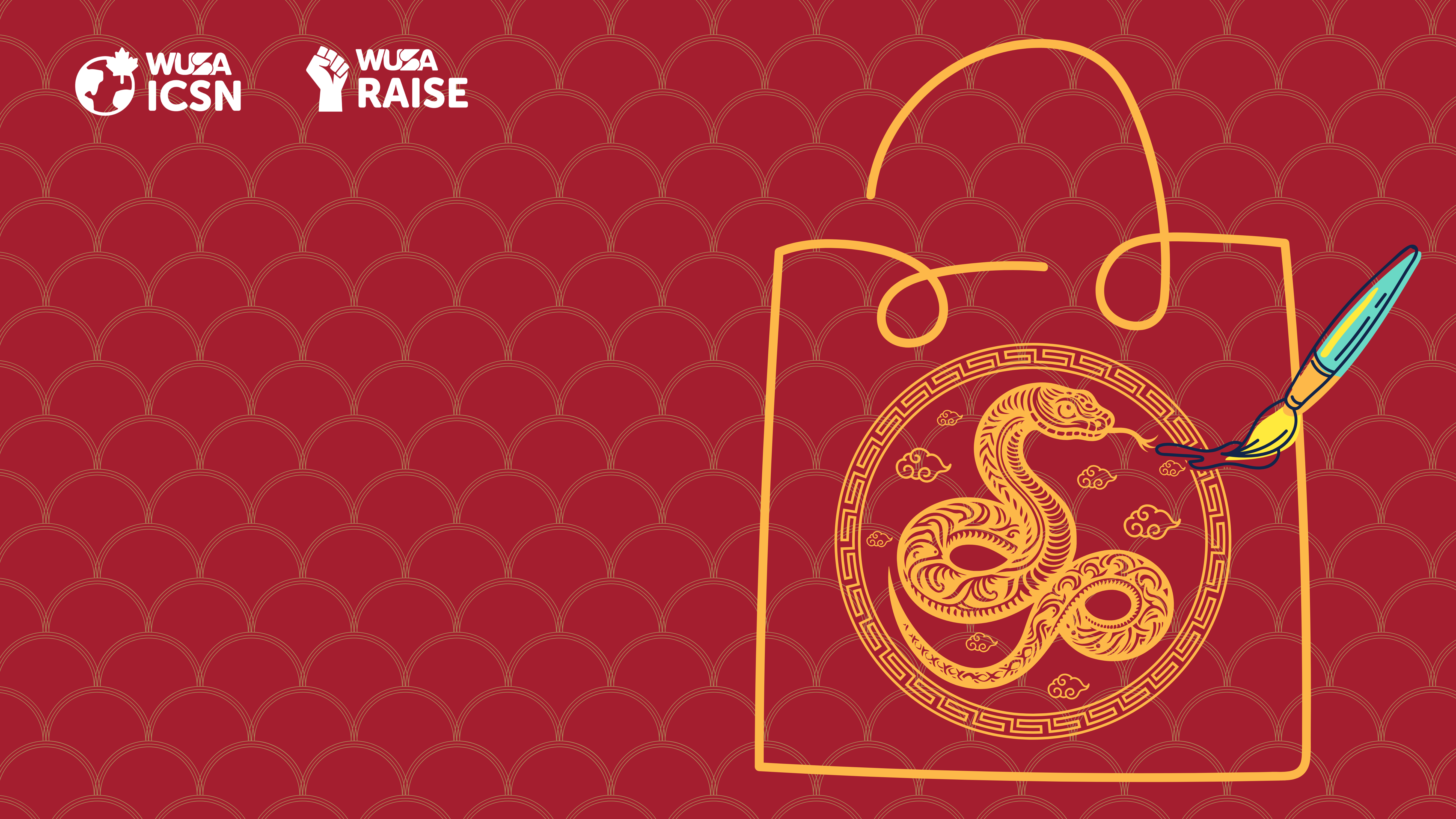 Red background with a golden snake design on a shopping bag and a paintbrush. Logos in the top left corner.