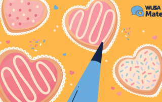 Heart-shaped cookies with icing and sprinkles set against a yellow background, featuring a blue pen tip and the WUSA Mates logo. Perfect for Valentine's cookie decorating enthusiasts!.