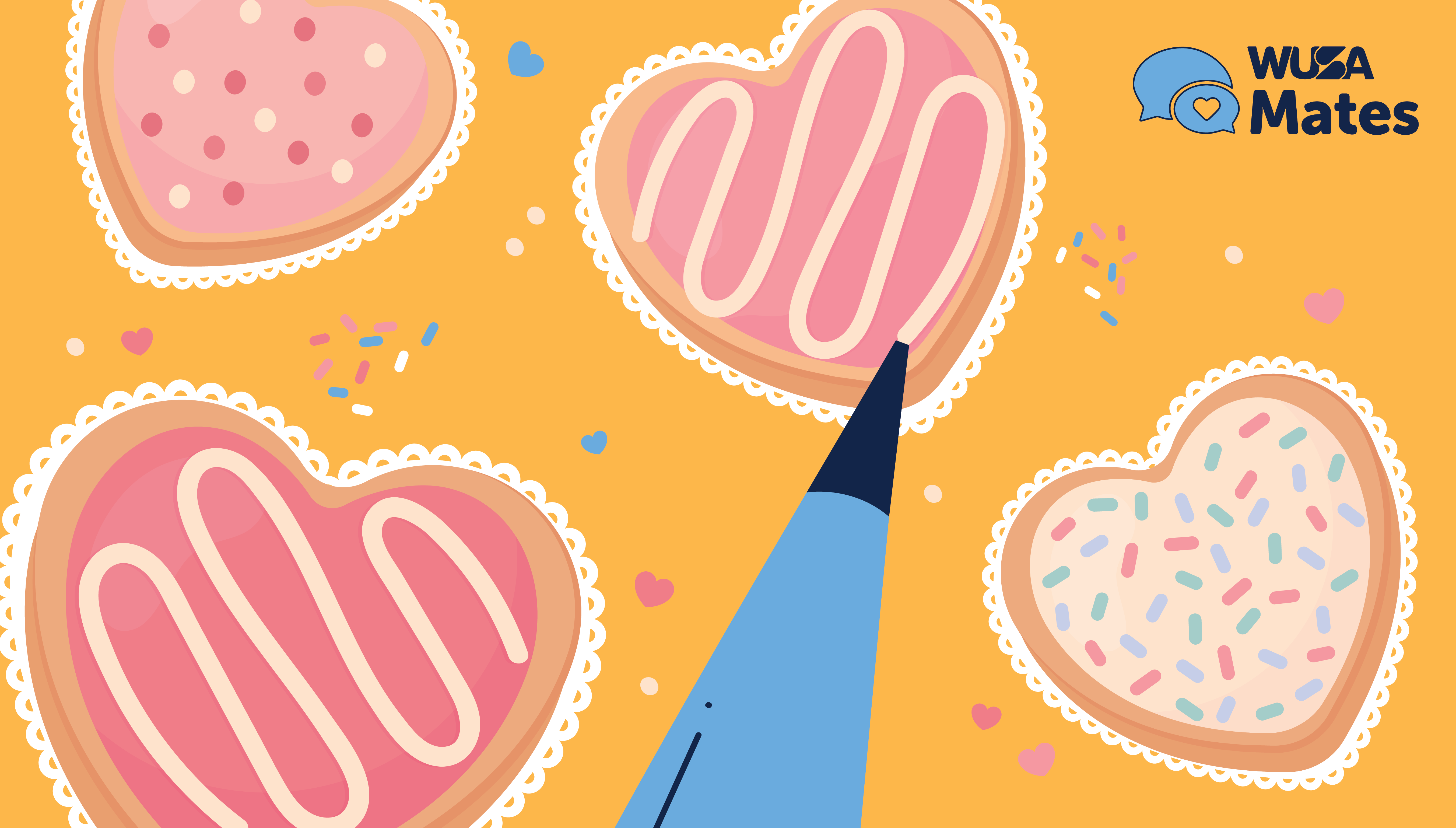 Heart-shaped cookies with icing and sprinkles set against a yellow background, featuring a blue pen tip and the WUSA Mates logo. Perfect for Valentine's cookie decorating enthusiasts!.