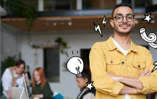 A person in a yellow jacket stands confidently with arms crossed, embodying the determination seen in candidates during a general election. In the office setting, colleagues bustle in the background, while doodles overlayed capture the lively essence akin to WUSA debates.