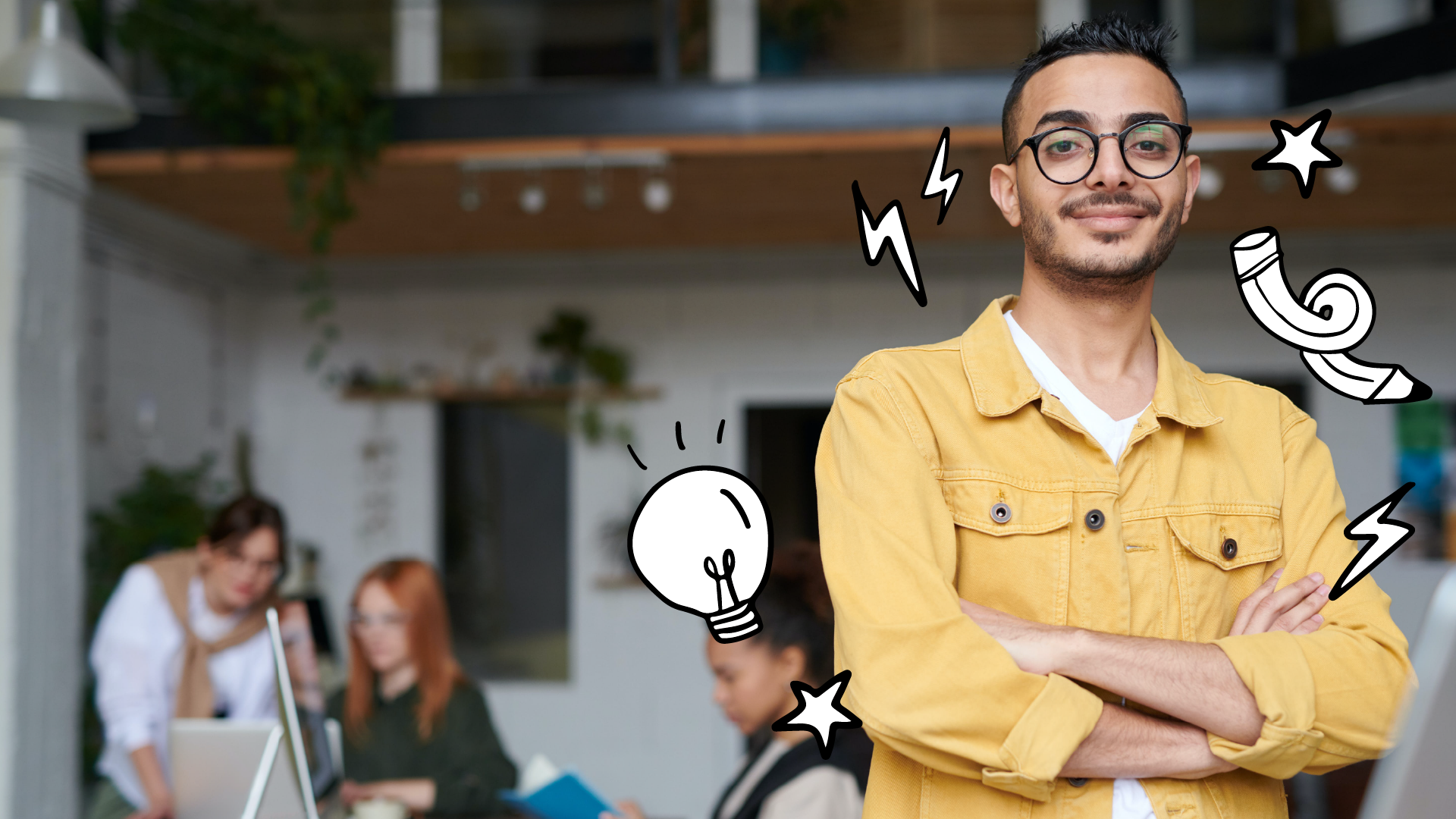 A person in a yellow jacket stands confidently with arms crossed, embodying the determination seen in candidates during a general election. In the office setting, colleagues bustle in the background, while doodles overlayed capture the lively essence akin to WUSA debates.