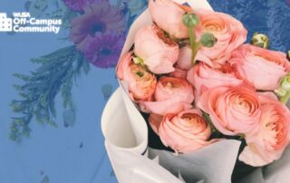 A Valentine’s Bouquet of pink roses elegantly arranged against a blue floral background, with the "WUSA Off-Campus Community" logo, embodies love in full bloom.