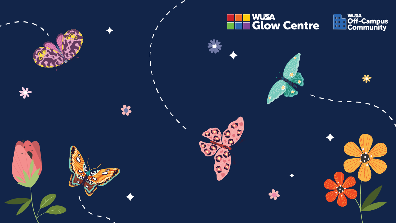 Colorful butterflies flutter amidst vibrant flowers on a dark blue background with scattered white dots, reminiscent of a serene Butterfly Conservatory.