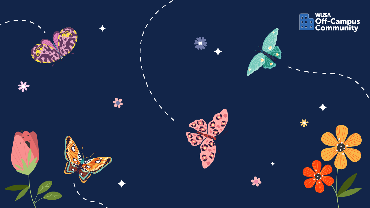 Colorful butterflies and vibrant flowers stand out on a dark blue background, with "WLea Off-Campus Community" text shimmering like a butterfly conservatory in glow.