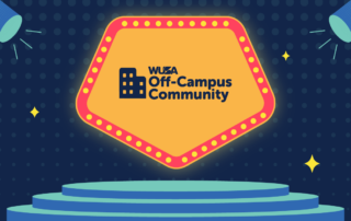 Stage with "WUSA Off-Campus Community" logo illuminated by spotlights, surrounded by stars, evoking the thrilling atmosphere of "Who Wants to be a Millionaire," where dreams take center stage.