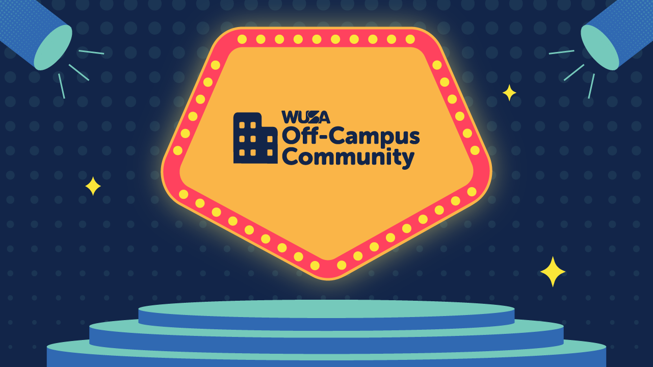 Stage with "WUSA Off-Campus Community" logo illuminated by spotlights, surrounded by stars, evoking the thrilling atmosphere of "Who Wants to be a Millionaire," where dreams take center stage.