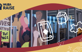 A colorful mural featuring raised fists, a card, die, and puzzle piece adorns the glass panels, capturing the spirit of Games Night.