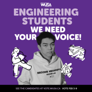 Engineering student in a hoodie on a purple background, with text "We Need Your Voice" and doodles of a student, laptop, and election ballot.