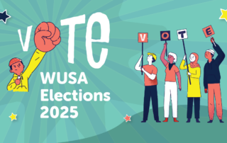 Illustration of a diverse group holding "VOTE" signs for the WUSA General Election 2025, featuring stars and a powerful fist symbol. Vote now to make your voice heard!.