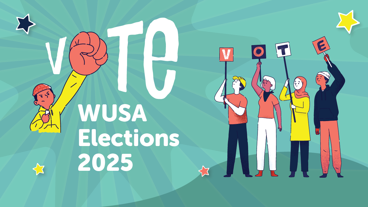 Illustration of a diverse group holding "VOTE" signs for the WUSA General Election 2025, featuring stars and a powerful fist symbol. Vote now to make your voice heard!.