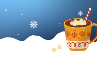 A festive mug of hot chocolate with marshmallows invites a warm welcome against a snowy, winter backdrop adorned with falling snowflakes.