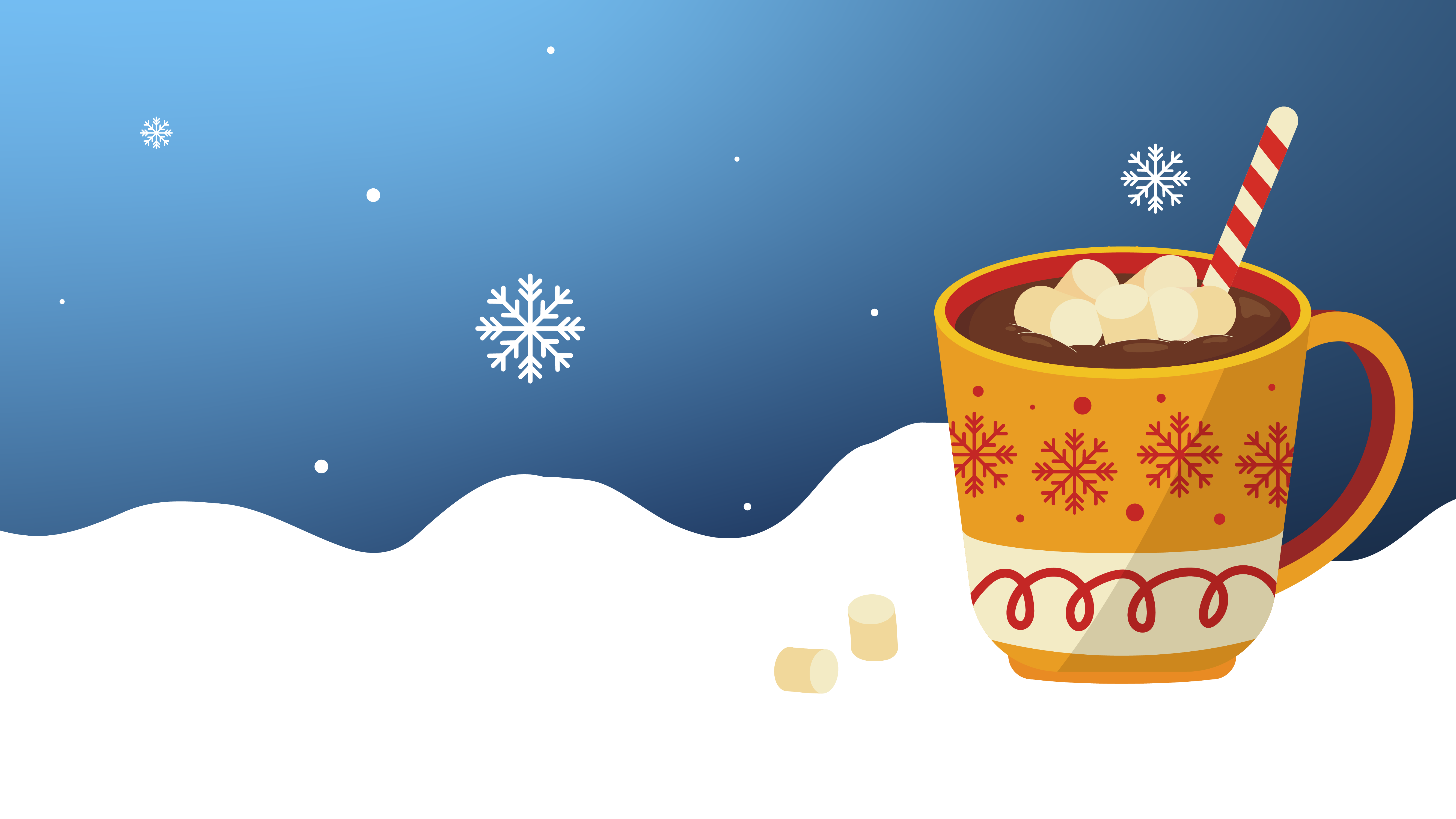 A festive mug of hot chocolate with marshmallows invites a warm welcome against a snowy, winter backdrop adorned with falling snowflakes.