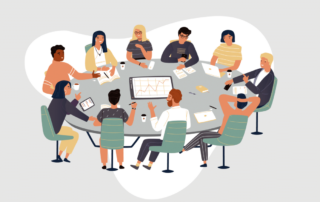 Illustration of diverse people in a meeting around a conference table, featuring charts, laptops, and coffee cups. The atmosphere is lively as they discuss Co-op Fee Advocacy initiatives with Director Booths from WUSA actively participating in the conversation.