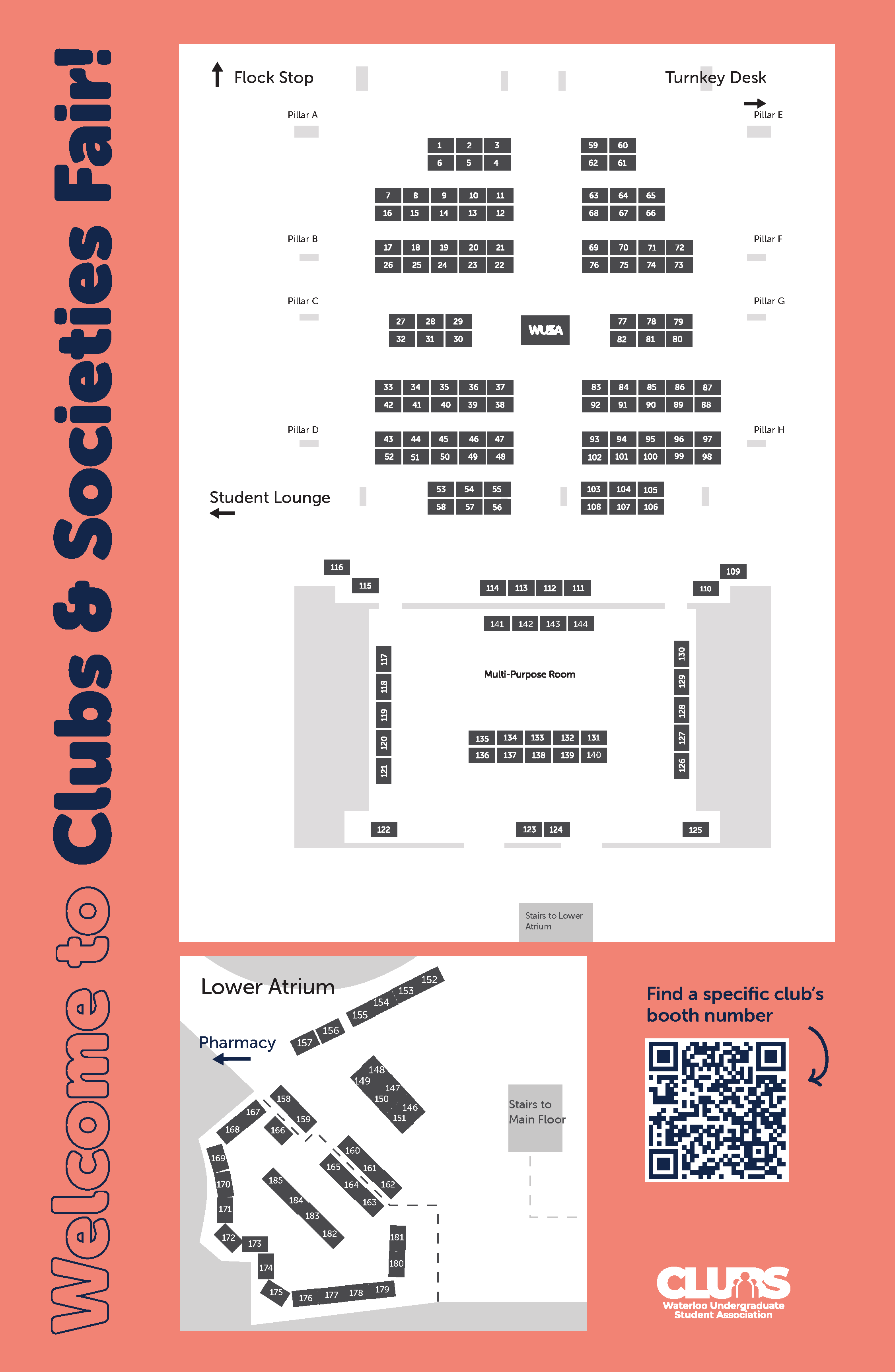 Discover the vibrant Clubs & Societies Fair with its detailed booth maps and labels. Scan the QR code to easily find specific clubs and immerse yourself in this dynamic fair experience.