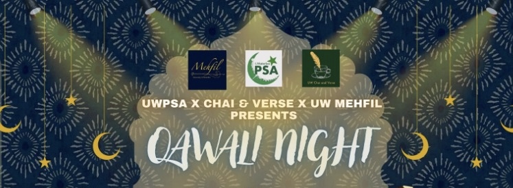 Decorative banner for "Noor-e-Mehfil" showcasing the Qawwali Night event with logos and a patterned background of crescents and stars.