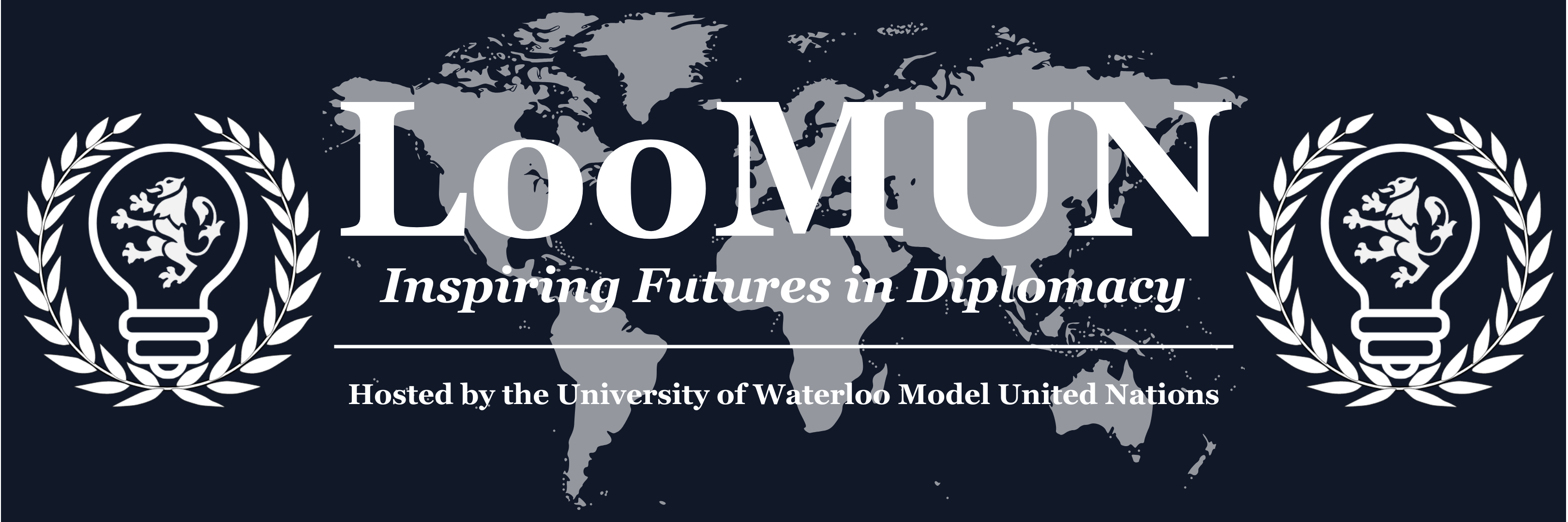 LooMUN banner with a world map, text reads "Inspiring Futures in Diplomacy" and includes light bulb symbols.