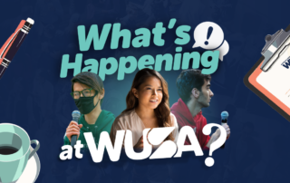 Colorful graphic with three people speaking, text "What's Happening at WUSA?", a pen, coffee cup, and clipboard, highlighting the Annual General Meeting.