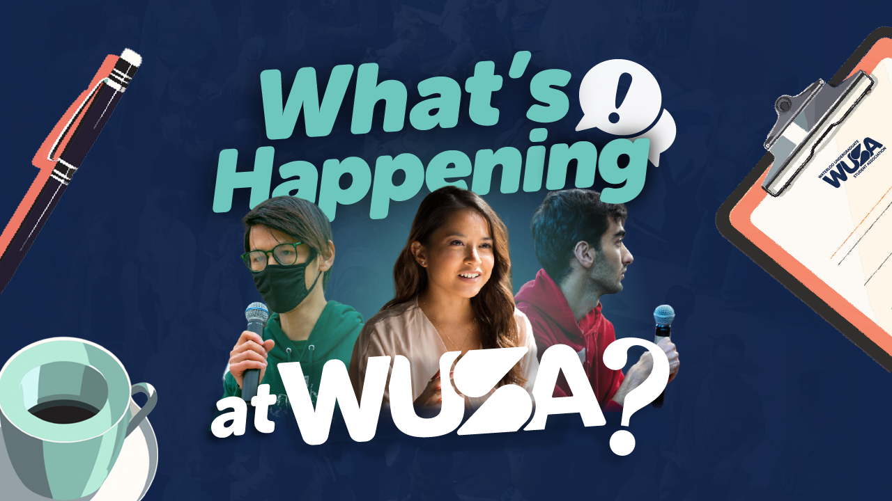 Colorful graphic with three people speaking, text "What's Happening at WUSA?", a pen, coffee cup, and clipboard, highlighting the Annual General Meeting.