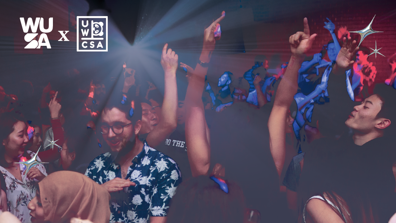 A lively party scene unfolds with people dancing under colorful lights, where the WUSA and UWCSA logos gleam prominently, creating an electrifying ambiance reminiscent of a Lunar Lights Out celebration.