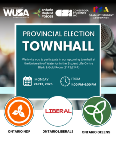 Attend the Provincial Election Candidates Town Hall on February 24, 2025. Featuring logos from Ontario NDP, Liberals, and Greens, this event offers a platform to engage with party representatives and discuss pressing issues affecting our province.