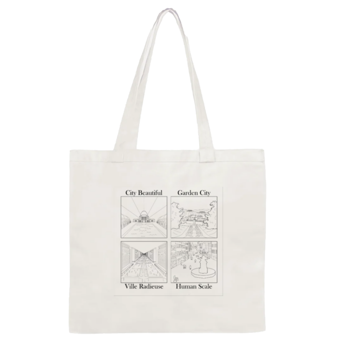 The Evolution of Cities Tote Bag is a white tote decorated with illustrations that portray the urban development stages through titles such as City Beautiful, Garden City, Ville Radieuse, and Human Scale.