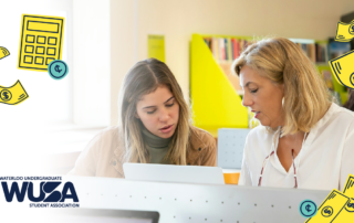 Two women engrossed in a discussion, examining a tablet surrounded by icons of financial literacy and budgeting. The Waterloo Student Association logo sits below, highlighting their commitment to empowering students with essential savings skills.