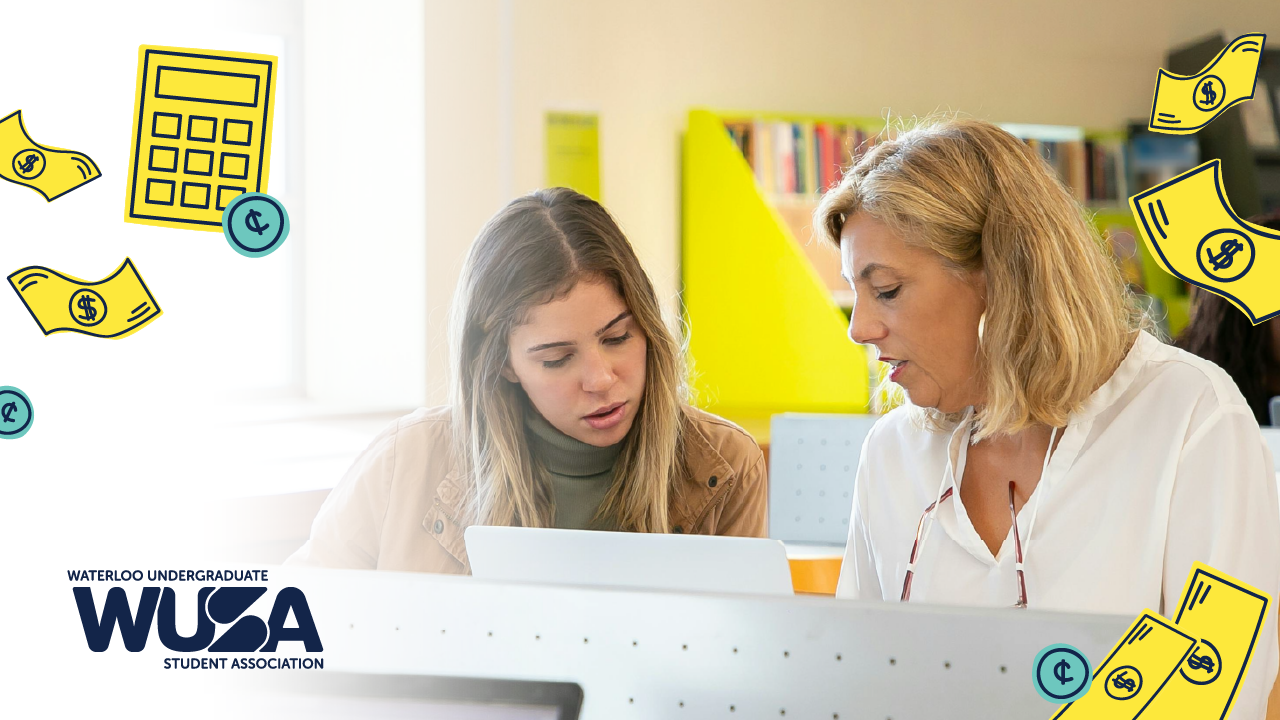 Two women engrossed in a discussion, examining a tablet surrounded by icons of financial literacy and budgeting. The Waterloo Student Association logo sits below, highlighting their commitment to empowering students with essential savings skills.