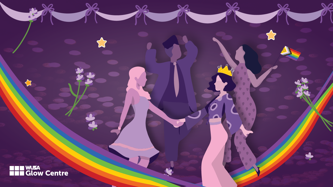 Illustration of diverse people dancing under rainbow lights at a vibrant ball, with lavender flowers and ribbons, celebrating with pride.