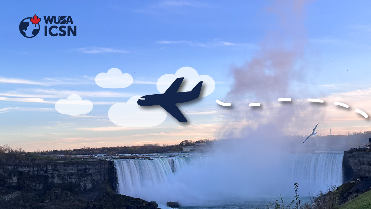 A cartoon plane embarks on an adventure, soaring over Niagara Falls with clouds dotting the sky and mist gracefully rising from the majestic waterfall.