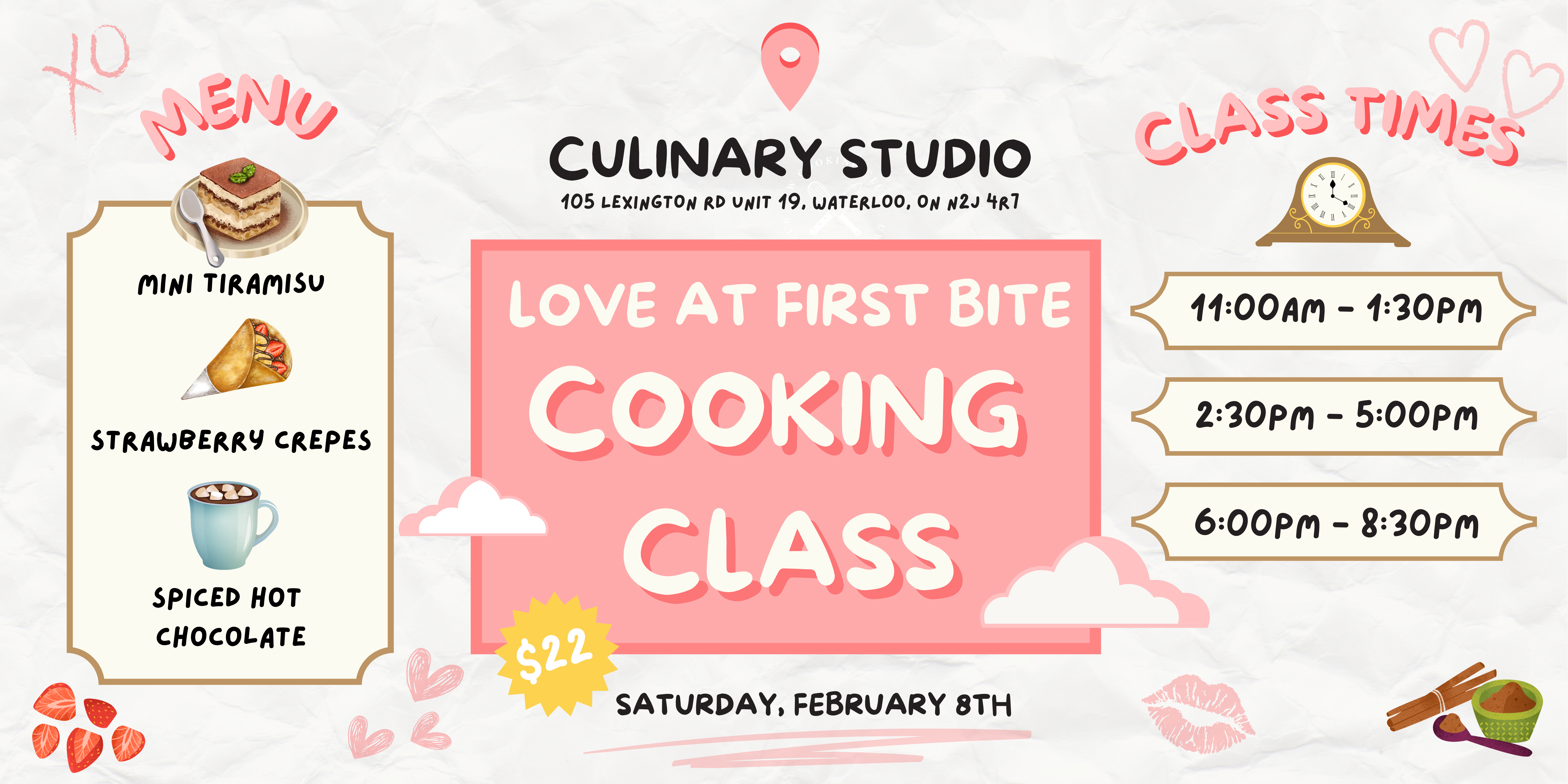 Join our "Love at First Bite" cooking class! Discover delicious menu items and perfect your culinary skills. Don't miss out—Saturday, February 8th!.