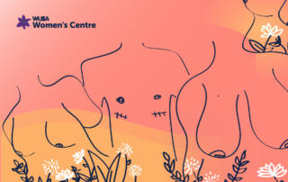 Abstract line drawings of female forms adorned with flowers grace a pink and orange gradient background. Celebrating International Women's Week, the "WUCSA Women's Centre" logo is prominently displayed.