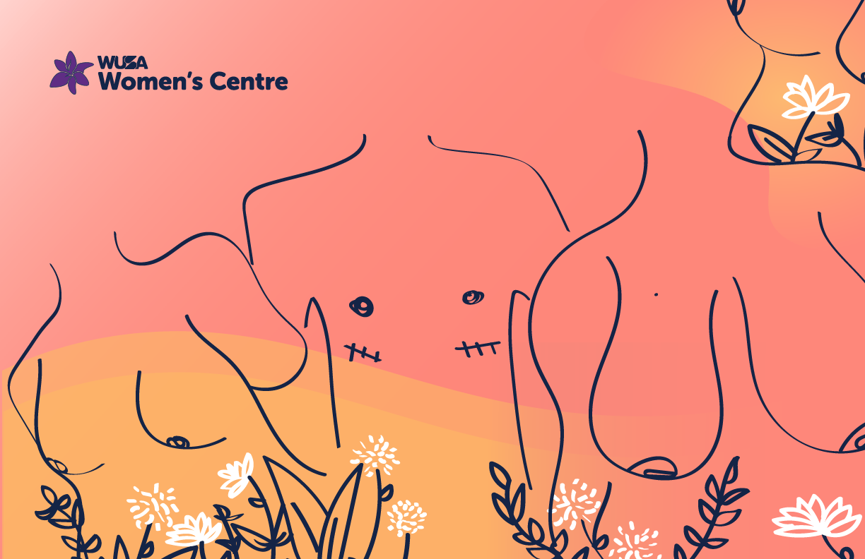 Abstract line drawings of female forms adorned with flowers grace a pink and orange gradient background. Celebrating International Women's Week, the "WUCSA Women's Centre" logo is prominently displayed.