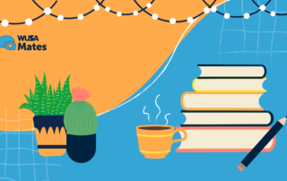 Illustration of potted plants, a stack of books, a steaming cup, and a pencil on a colorful background captures the cozy essence of a study night.