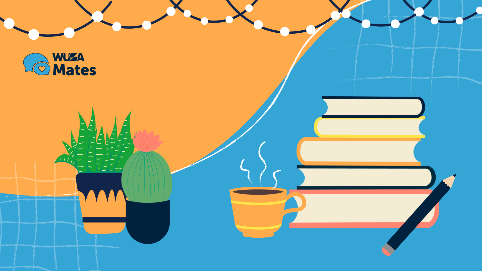 Illustration of potted plants, a stack of books, a steaming cup, and a pencil on a colorful background captures the cozy essence of a study night.