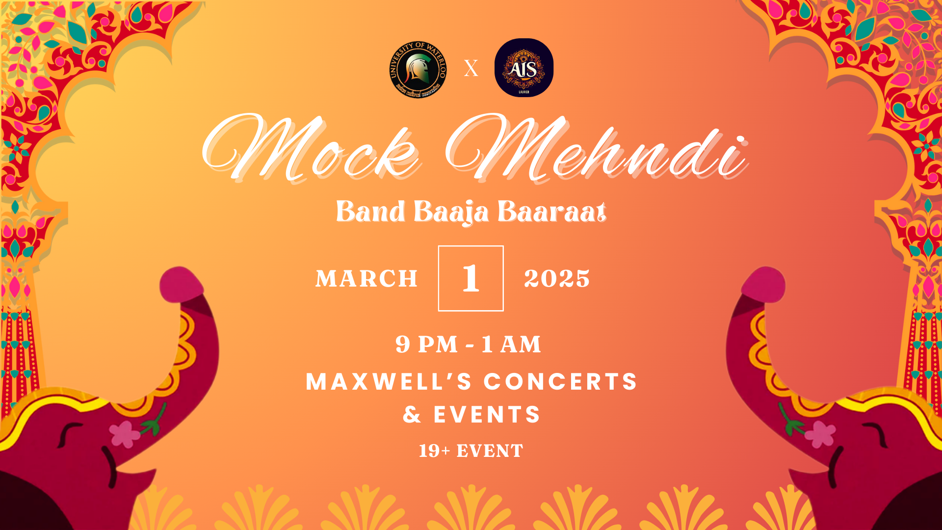 Colorful "Mock Mehndi" event poster featuring decorative elephants, vibrant Band Baaja Baaraat motifs, and details for March 1, 2025.