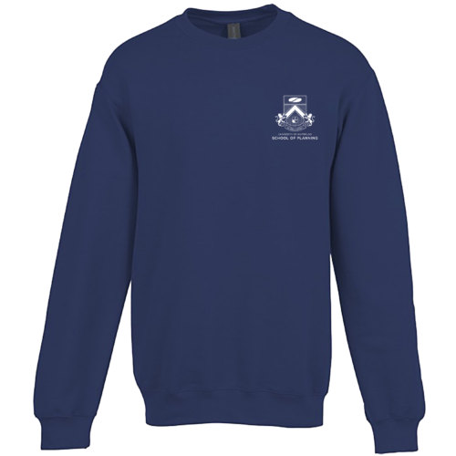 The Navy Crew Neck Sweater w/ Planning Crest (Embroidered) features a small white emblem and "School of Planning" text on the left chest, embodying classic design.