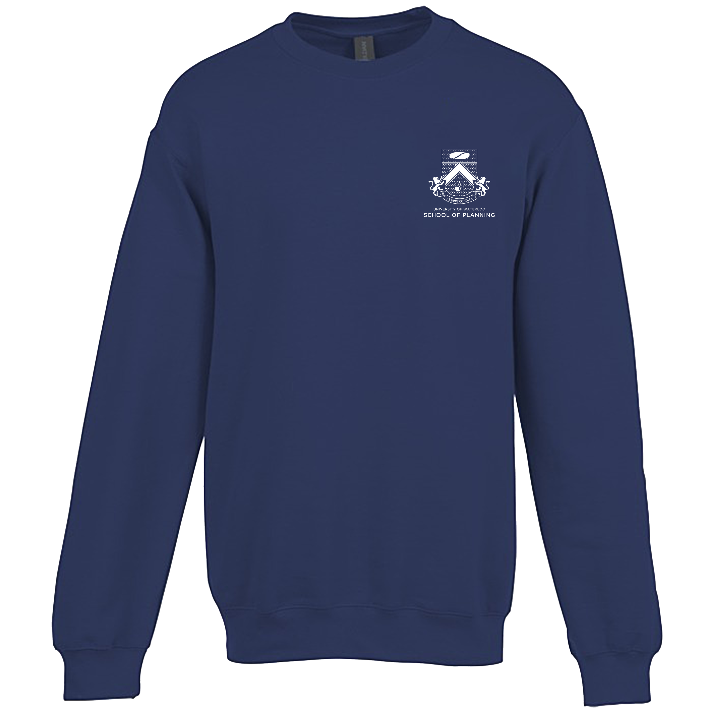 The Navy Crew Neck Sweater w/ Planning Crest (Embroidered) features a small white emblem and "School of Planning" text on the left chest, embodying classic design.