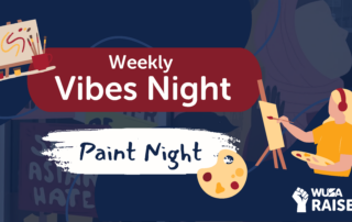 Illustration of a person painting with "Weekly Vibes Night: Paint Night" text and a color palette.