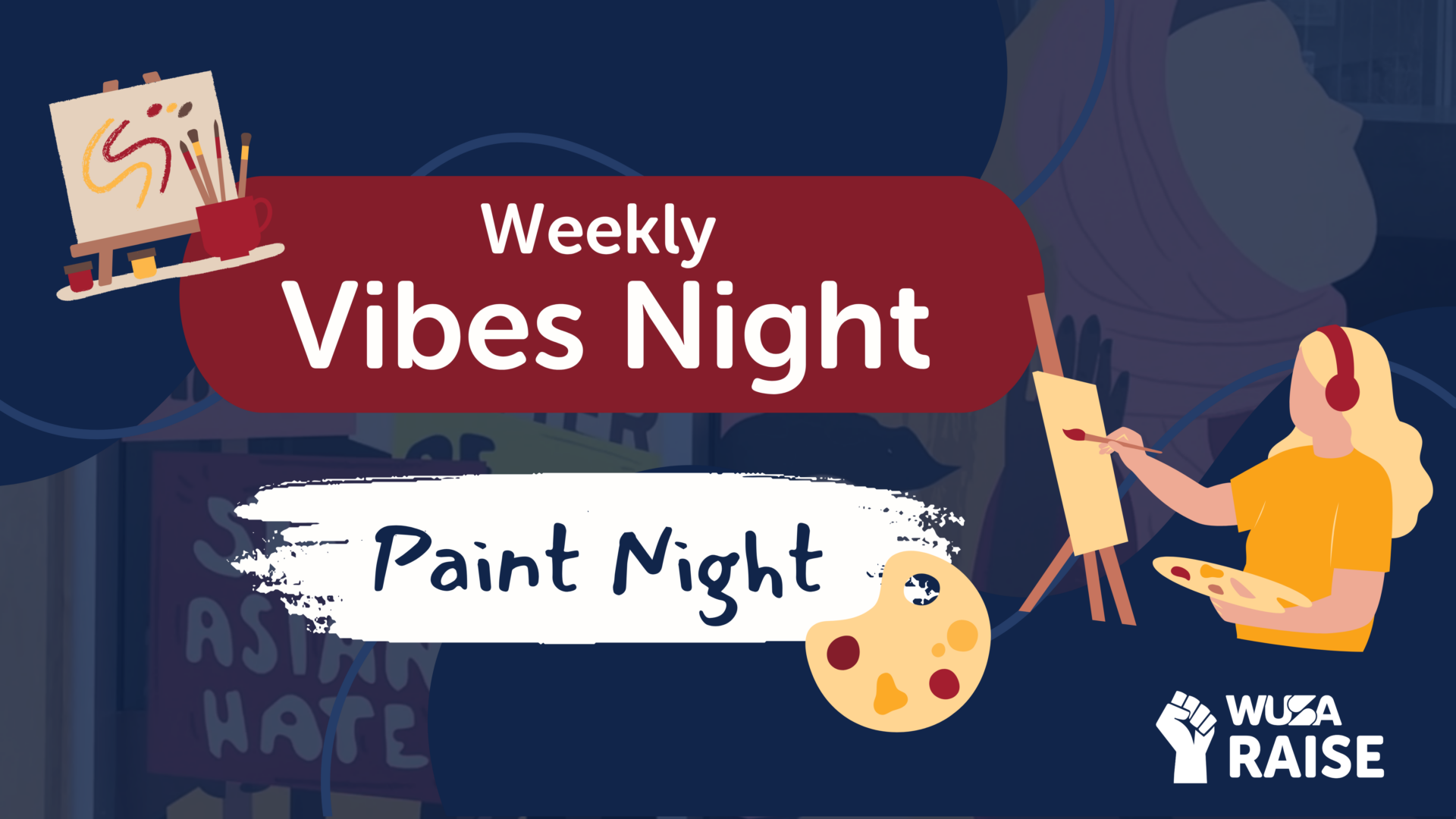 Illustration of a person painting with "Weekly Vibes Night: Paint Night" text and a color palette.